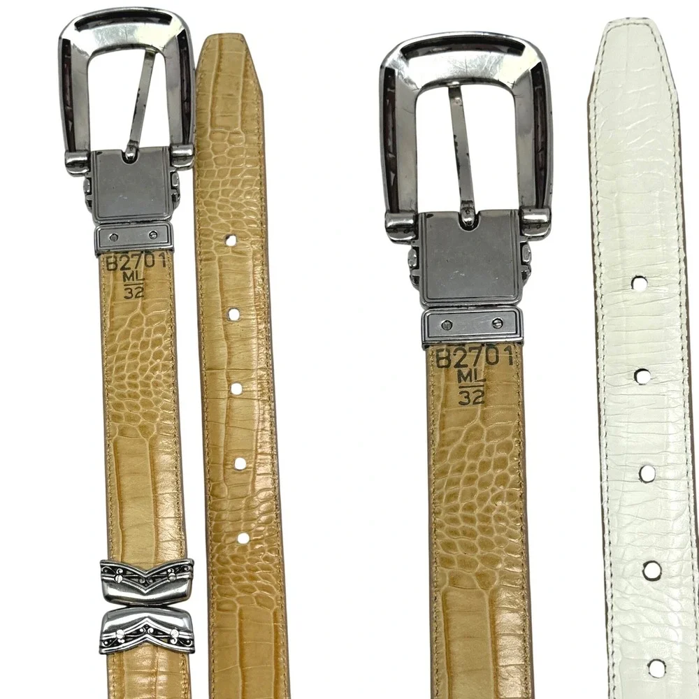 VTG Brighton‎ Reversible Belt 32 M/L White Tan Crocodile Embossed Leather Ornate